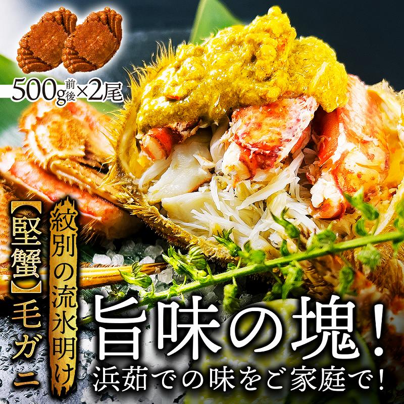 (a009-01)北海道産 浜茹で毛蟹(堅蟹) 約500g×2尾